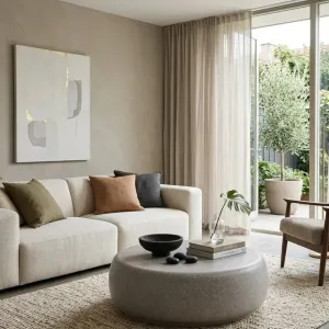 Luxus-Runder Couchtisch mit Glattem Modernem Stein-Design Lifestyle-Ansicht von Luxury Group International