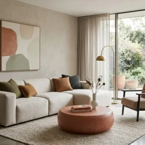 Tavolino da Caffè Rotondo di Lusso con Design Moderno in Pietra Liscia Vista lifestyle di Luxury Group International