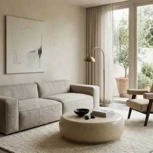 Tavolino da Caffè Rotondo di Lusso con Design Moderno in Pietra Liscia Vista lifestyle di Luxury Group International