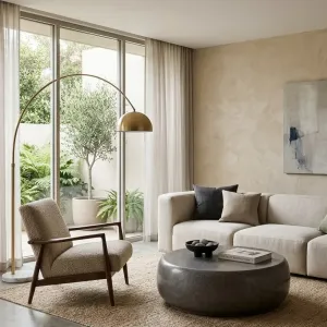 Tavolino da Caffè Rotondo di Lusso con Design Moderno in Pietra Liscia Vista lifestyle di Luxury Group International