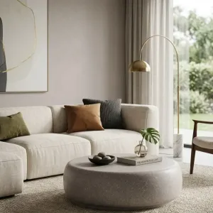 Luxus-Runder Couchtisch mit Glattem Modernem Stein-Design Lifestyle-Ansicht von Luxury Group International