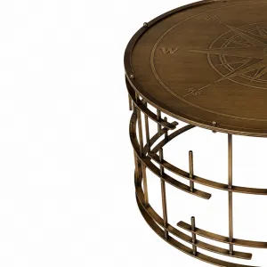 Luxury Round Compass Rose Coffee Table with Antiqued Brass Lattice Base - Luxury Coffee Table Detail View by Luxury Group International