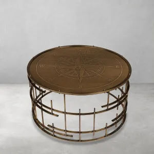Luxury Round Compass Rose Coffee Table with Antiqued Brass Lattice Base - Luxury Coffee Table Front View by Luxury Group International