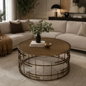 Luxury Round Compass Rose Coffee Table with Antiqued Brass Lattice Base - Luxury Coffee Table Lifestyle View by Luxury Group International