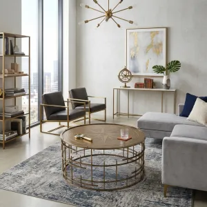 Luxury Round Compass Rose Coffee Table with Antiqued Brass Lattice Base - Luxury Coffee Table Lifestyle View by Luxury Group International