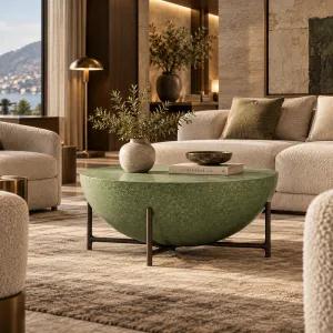 Luxus Runder Beton-Couchtisch mit Schalenförmiger Tischplatte und Metallgestell – Runder Couchtisch Lifestyle-Ansicht von Luxury Group International