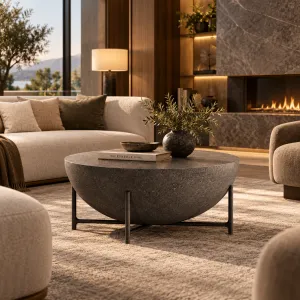 Luxus Runder Beton-Couchtisch mit Schalenförmiger Tischplatte und Metallgestell – Runder Couchtisch Lifestyle-Ansicht von Luxury Group International