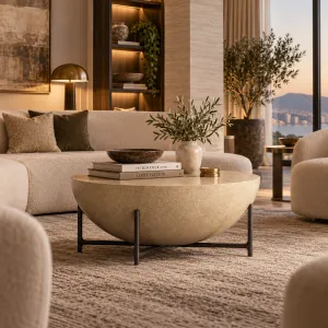 Luxus Runder Beton-Couchtisch mit Schalenförmiger Tischplatte und Metallgestell – Runder Couchtisch Lifestyle-Ansicht von Luxury Group International