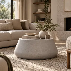 Luxus Runder Beton-Couchtisch mit Skulpturaler Verjüngter Basis - Runder Couchtisch Vorderansicht von Luxury Group International
