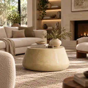 Luxus Runder Beton-Couchtisch mit Skulpturaler Verjüngter Basis - Runder Couchtisch Lifestyle-Ansicht von Luxury Group International