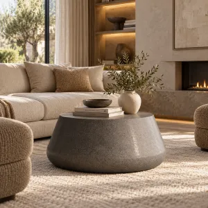 Luxus Runder Beton-Couchtisch mit Skulpturaler Verjüngter Basis - Runder Couchtisch Lifestyle-Ansicht von Luxury Group International