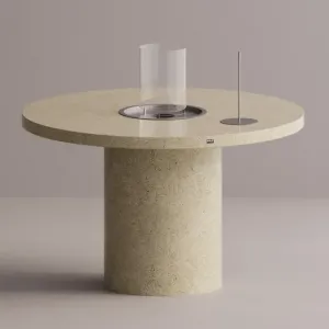 Luxury Round Cream Concrete Designer Dining Table 120 cm with fireplace Front View by Luxury Group International