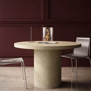 Luxury Round Cream Concrete Designer Dining Table 120 cm with fireplace Lifestyle View by Luxury Group International