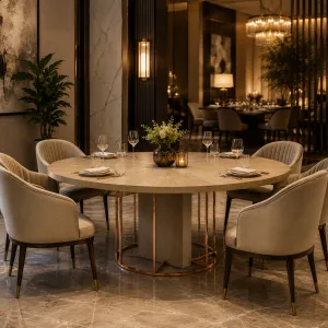Luxus Runder Esstisch Eichenfurnier & Gebürstetes Messing 152 cm – Esszimmer- & Hotelausstattung Lifestyle-Ansicht von Luxury Group International