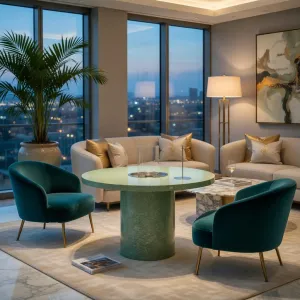 Luxury Round Bioethanol Fire Pit Dining Table in Natural Stone Finish Lifestyle View by Luxury Group International