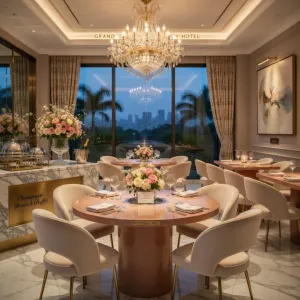 Luxury Round Bioethanol Fire Pit Dining Table in Natural Stone Finish Lifestyle View by Luxury Group International
