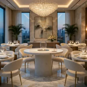 Luxury Round Bioethanol Fire Pit Dining Table in Natural Stone Finish Lifestyle View by Luxury Group International