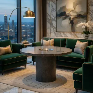 Luxury Round Bioethanol Fire Pit Dining Table in Natural Stone Finish Lifestyle View by Luxury Group International