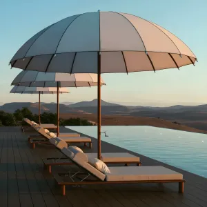 Parasol de Jardin Rond de Luxe en Tissu Mat Gris Clair avec Canopée Dôme Cannelée Vue lifestyle par Luxury Group International