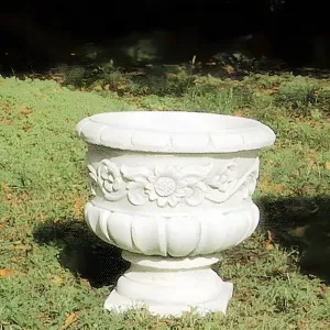 Luxury Round Garden Planter with Sculpted Floral Relief and Pedestal Base Front View by Luxury Group International