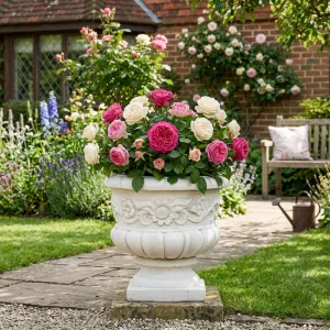 Luxury Round Garden Planter with Sculpted Floral Relief and Pedestal Base Lifestyle View by Luxury Group International