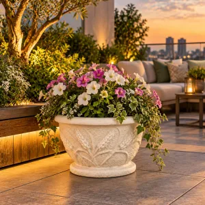 Jardinière ronde de luxe avec relief épi de blé sculpté - Jardinières de luxe Vue lifestyle par Luxury Group International