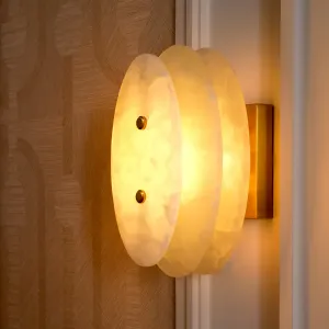Luxury White Round Glass Wall Lamp with Layered Disc Design & Golden Frame - Luxury Hotel Furniture Lifestyle View by Luxury Group International