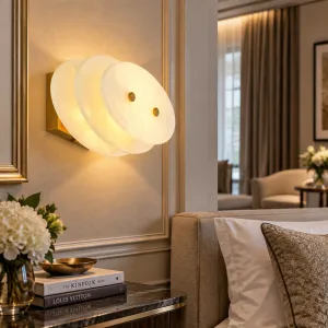 Luxury White Round Glass Wall Lamp with Layered Disc Design & Golden Frame - Luxury Hotel Furniture Lifestyle View by Luxury Group International