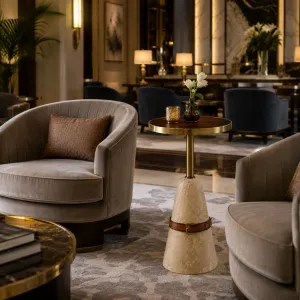 Luxury Round Marble Pedestal Side Table with Wooden Top and Brass Accents - Luxury Side Table Lifestyle View by Luxury Group International