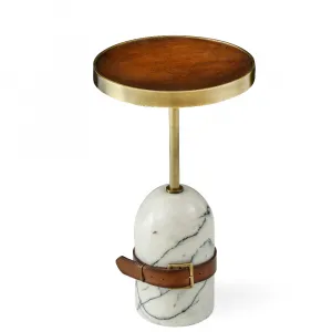 Luxury Round Marble Side Table with Leather Belt Detail and Brass Tray Top - Luxury Side Table by Luxury Group International