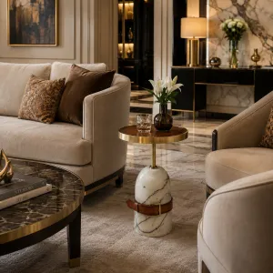 Luxury Round Marble Side Table with Leather Belt Detail and Brass Tray Top - Luxury Side Table Lifestyle View by Luxury Group International