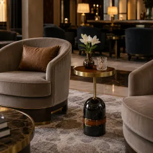 Luxury Round Marble Side Table with Leather Belt Detail and Brass Tray Top - Luxury Side Table Lifestyle View by Luxury Group International