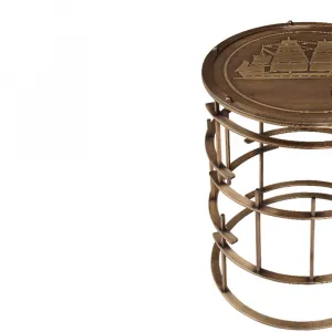 Luxury Round Maritime Side Table with Ship Motif & Antiqued Brass Lattice Base - Luxury Side Table Detail View by Luxury Group International
