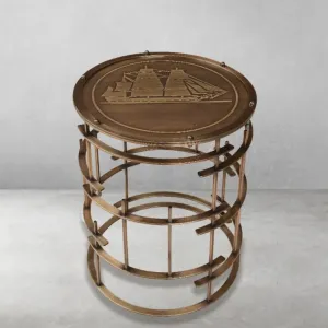 Luxury Round Maritime Side Table with Ship Motif & Antiqued Brass Lattice Base - Luxury Side Table Front View by Luxury Group International