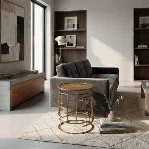 Luxury Round Maritime Side Table with Ship Motif & Antiqued Brass Lattice Base - Luxury Side Table Lifestyle View by Luxury Group International