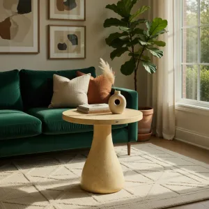 Luxury Round Pedestal Concrete Table for Elegant Indoor & Outdoor Spaces Lifestyle View by Luxury Group International