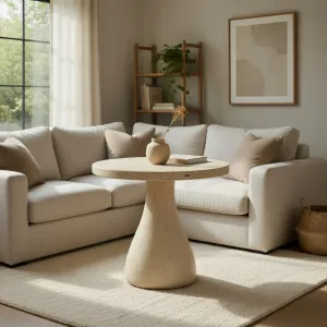 Luxury Round Pedestal Concrete Table for Elegant Indoor & Outdoor Spaces Lifestyle View by Luxury Group International