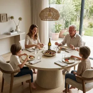 Luxury Round Pedestal Stone Dining Table for Indoor & Outdoor Living Spaces (L SIZE) Lifestyle View by Luxury Group International