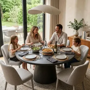 Luxury Round Pedestal Stone Dining Table for Indoor & Outdoor Living Spaces (L SIZE) Lifestyle View by Luxury Group International