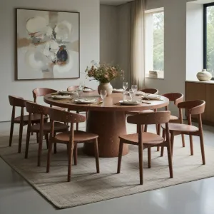 Luxury Round Pedestal Table in Maroon Terrazzo Matte Finish with Speckled Texture Lifestyle View by Luxury Group International