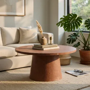 Luxury Round Pedestal Table in Maroon Terrazzo Matte Finish with Speckled Texture Lifestyle View by Luxury Group International