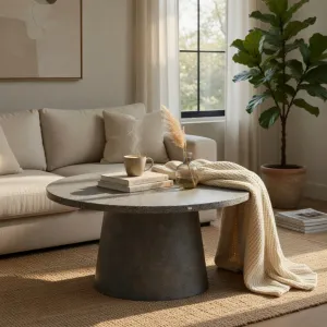 Luxury Round Pedestal Dining Table in Tan matte stone-look with speckled top Lifestyle View by Luxury Group International