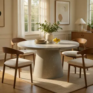 Luxury Round Pedestal Dining Table in Tan matte stone-look with speckled top Lifestyle View by Luxury Group International