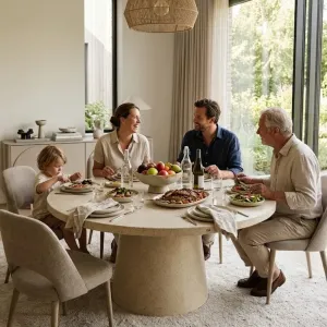Luxury Round Pedestal Dining Table in Tan matte stone-look with speckled top Lifestyle View by Luxury Group International