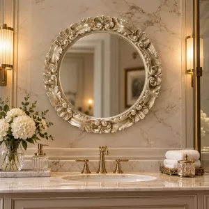 Luxury Round Silver Wall Mirror with Sculpted Baroque Floral Frame - Baroque Mirrors Lifestyle View by Luxury Group International