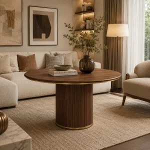 Luxury Round Wooden Coffee Table with Fluted Pedestal Base in Brushed Gold Accents Lifestyle View by Luxury Group International