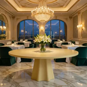 Luxury Round Yellow Dining Table – Modern Designer Pedestal Table Lifestyle View by Luxury Group International