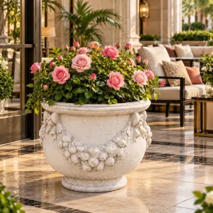 Macetero Redondeado de Lujo para Jardín con Relieve de Guirnalda de Frutas Esculpida - Maceteros de Lujo Vista lifestyle por Luxury Group International