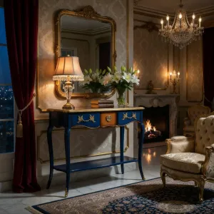 Luxuriöser königsblauer Barock-Konsolentisch mit goldenen Akzenten und kunstvollem Messingbeschlag Lifestyle-Ansicht von Luxury Group International