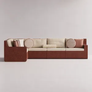 Sofá de Exterior en Forma de L de Concreto Rojo Rubí de Lujo con Tapicería Beige - Muebles Modernos Vista frontal por Luxury Group International